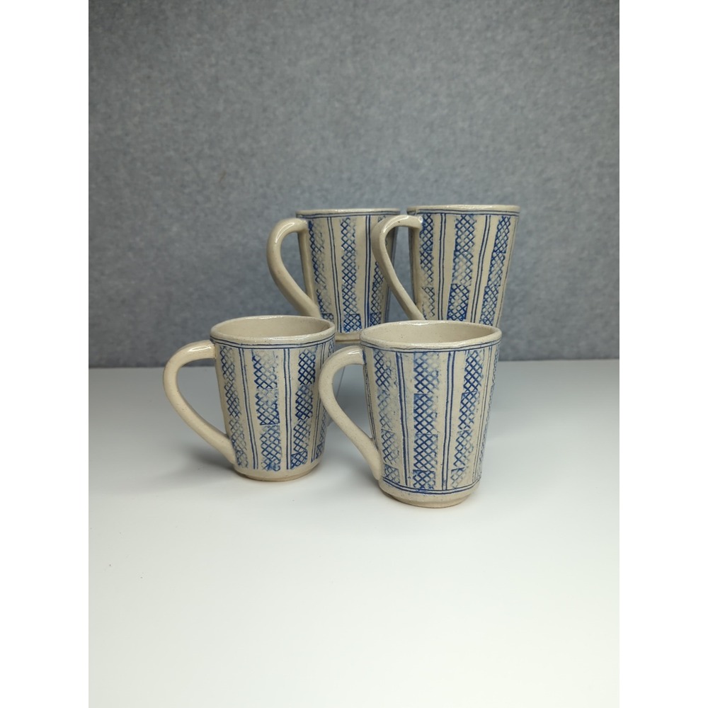 Handmade Pottery Mugs Set of 4 Blue & Beige Signed Coffee Tea Cups 8oz textured